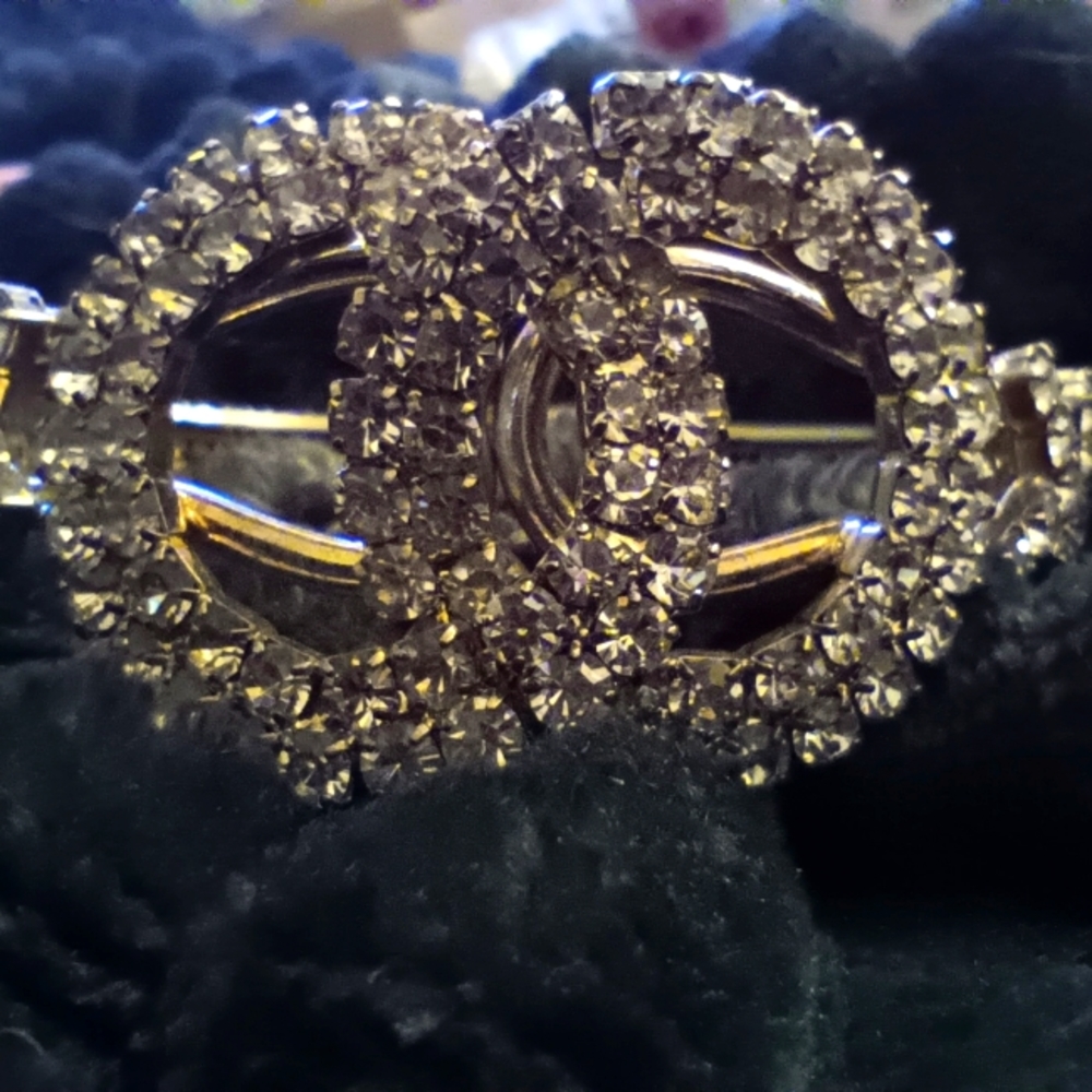 Vintage Mid-century Rhinestone Chevron Silver Tone Mesh Bracelet